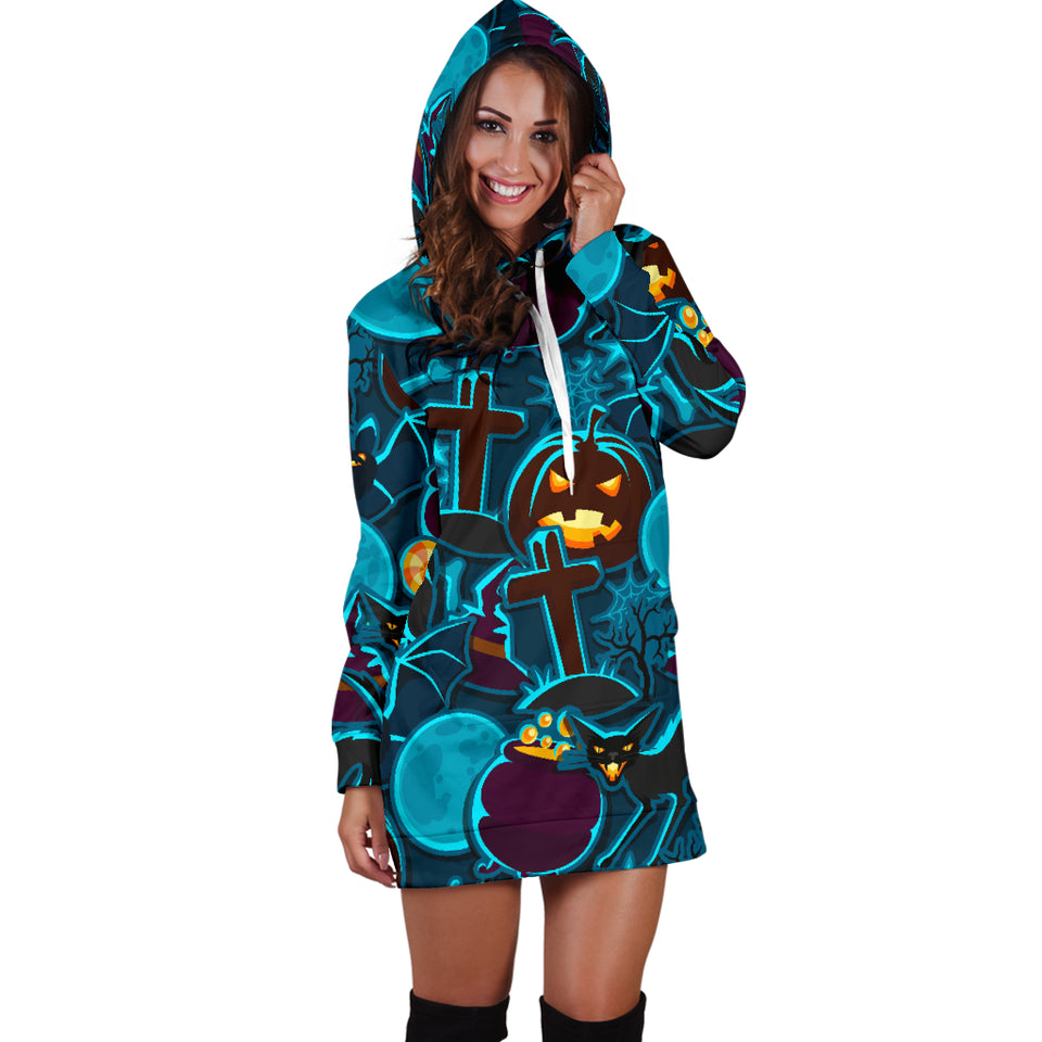 Halloween Pumpkin Cat Pattern Women Hoodie Dress