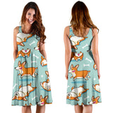 Cute Corgi Pattern Sleeveless Midi Dress