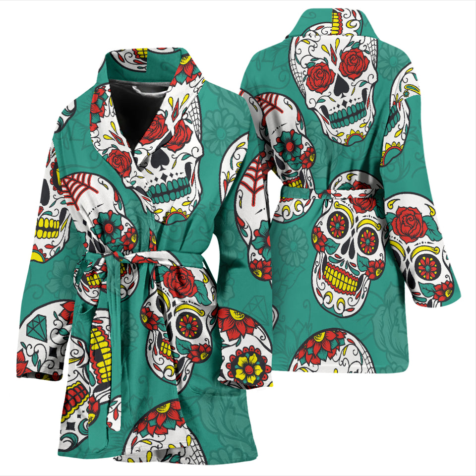 Suger Skull Pattern Green Background Women Bathrobe