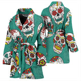 Suger Skull Pattern Green Background Women Bathrobe
