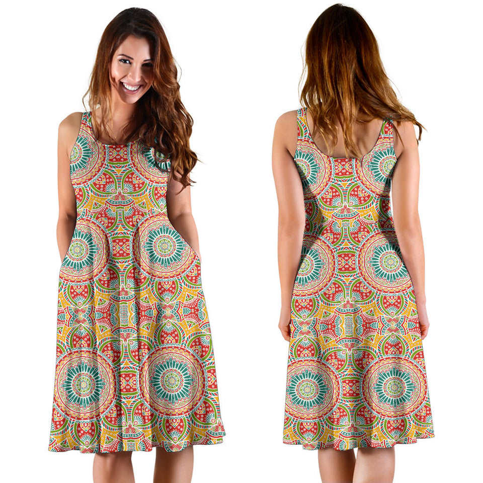 Indian Theme Pattern Sleeveless Midi Dress