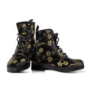 Gold Japanese Theme Pattern Leather Boots