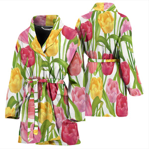 Pink Red Yellow Tulip Pattern Women Bathrobe