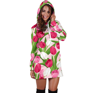 Pink White Tulip Pattern Women Hoodie Dress