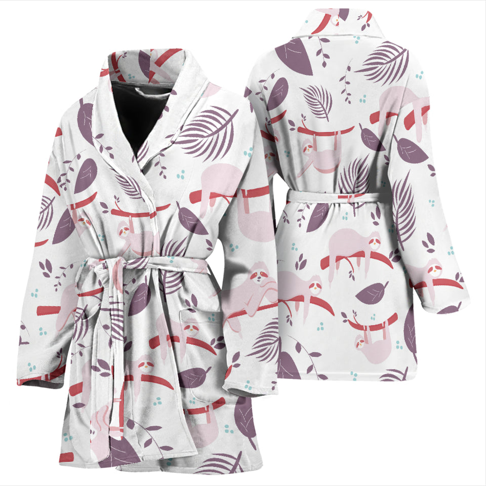 Sloth Leaves Pattern Women Bathrobe