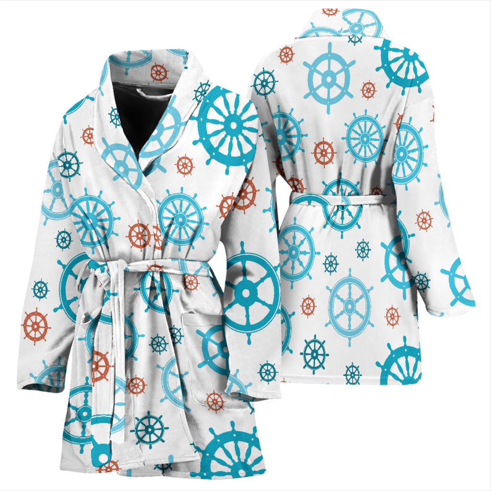 Nautical Steering Wheel Rudder Pattern Background Women Bathrobe