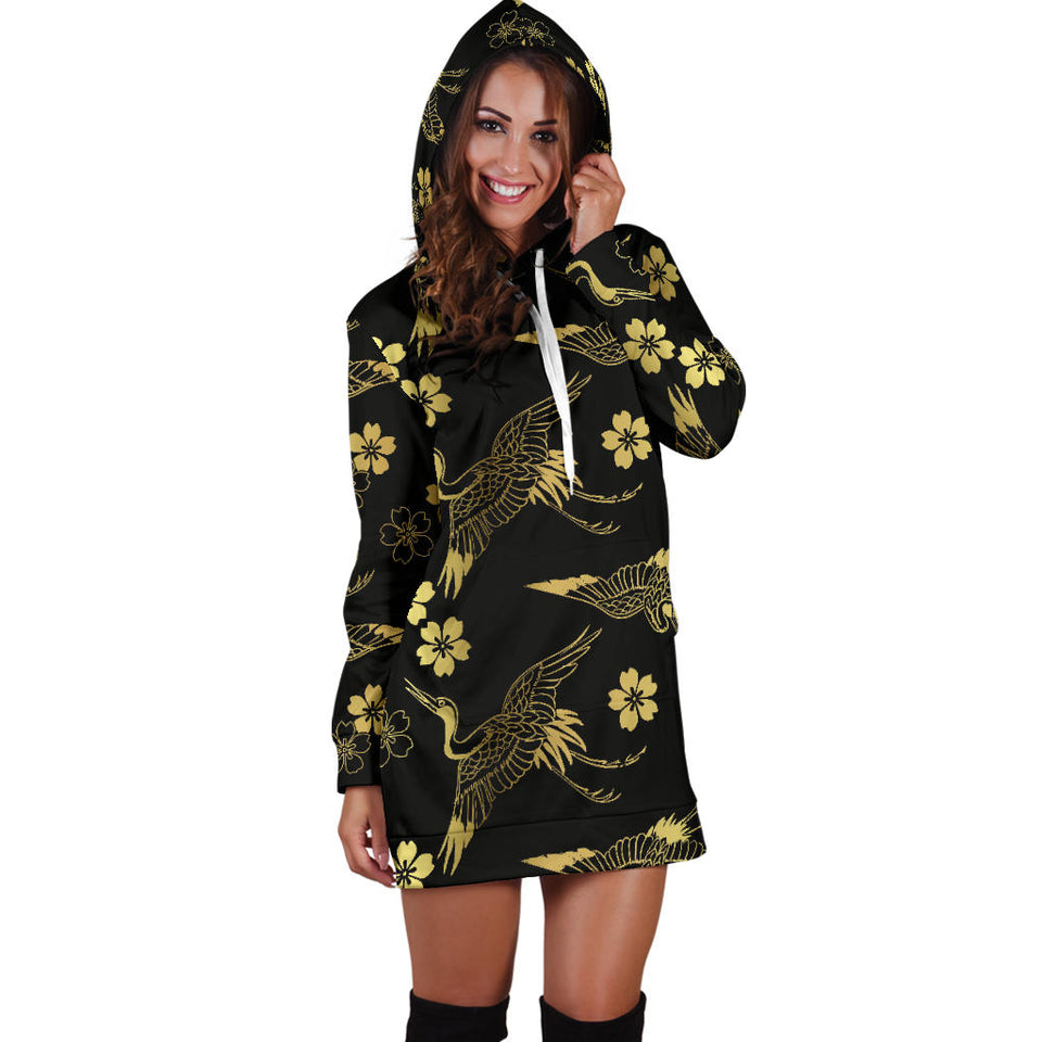 Gold Japanese Theme Pattern Women Hoodie Dress