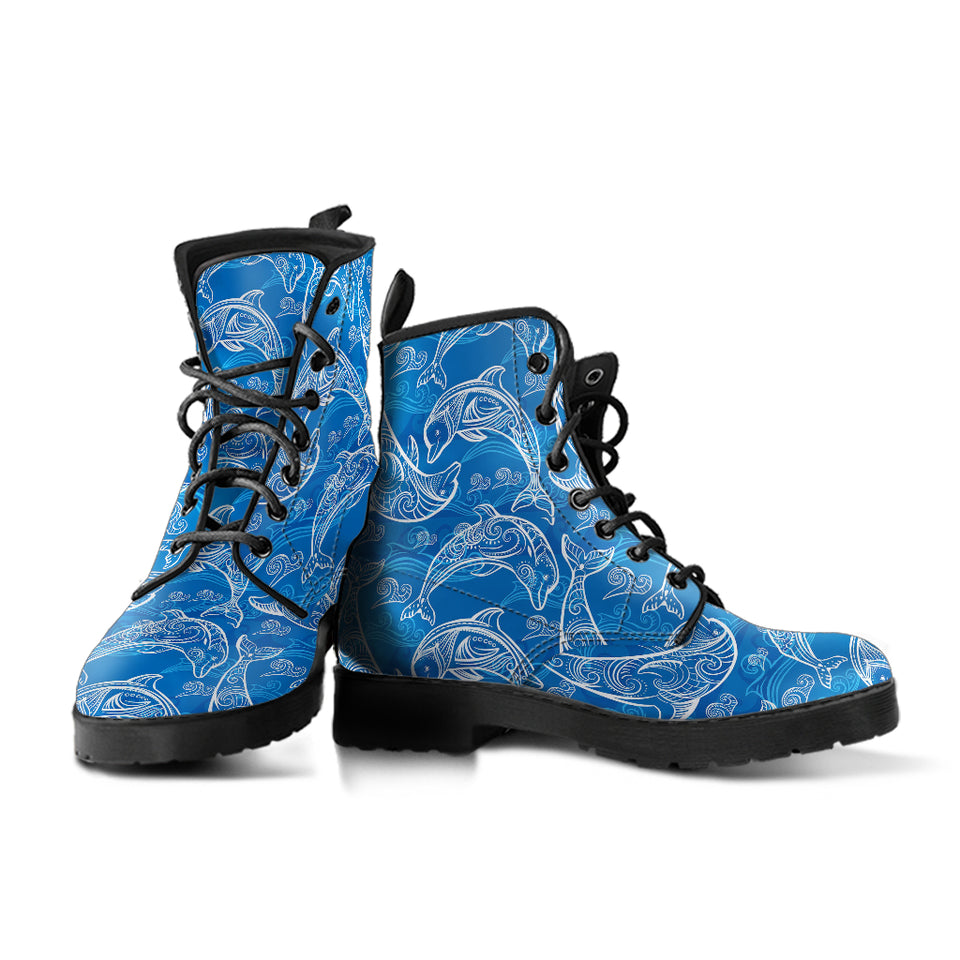 Dolphin Tribal Blue Pattern  Leather Boots