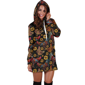 Rooster Chicken Flower Pattern Women Hoodie Dress