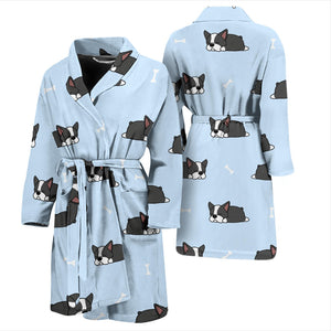Sleep Boston Terrier Bone Pattern Men Bathrobe