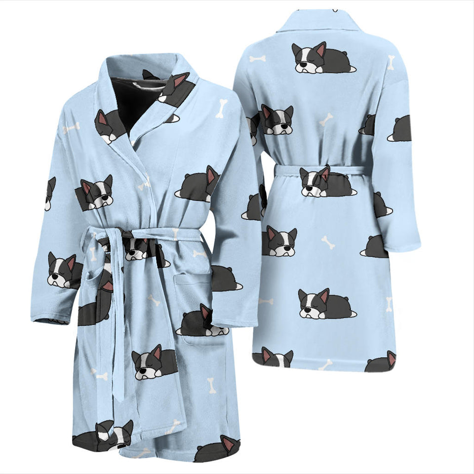 Sleep Boston Terrier Bone Pattern Men Bathrobe