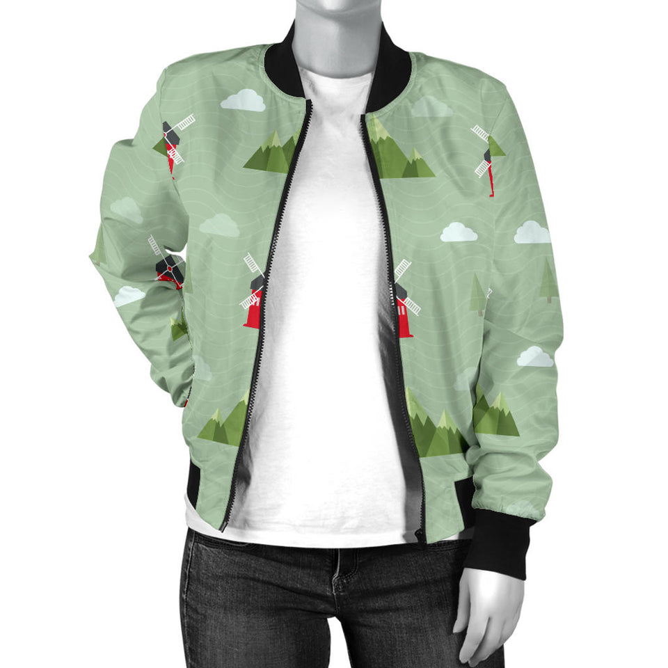 Windmill Green Pattern Women Bomber Jacket