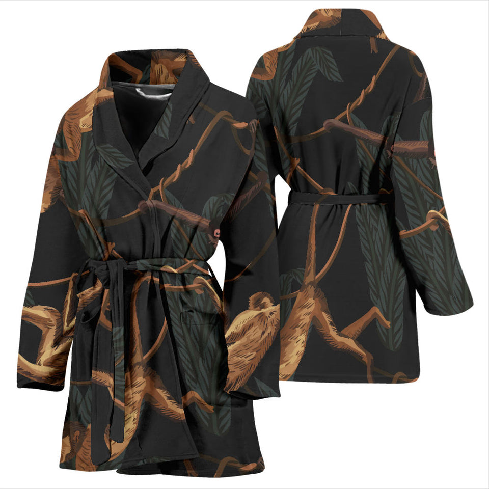 Monkey Pattern Black Background Women Bathrobe