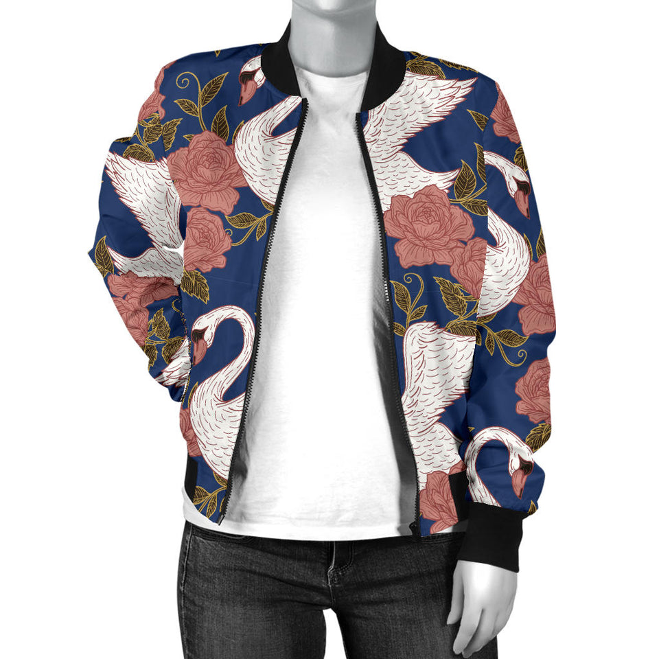 Swan Rose Pattern Women Bomber Jacket