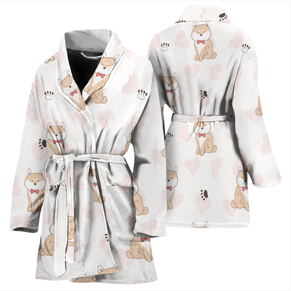 Cute Shiba Inu Heart Pattern Women Bathrobe