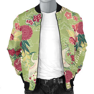 Japanese Crane Green Theme Pattern Men Bomber Jacket