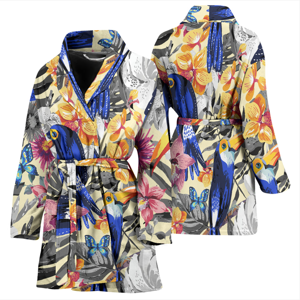 Toucan Leaves Flower Pattern Women Bathrobe