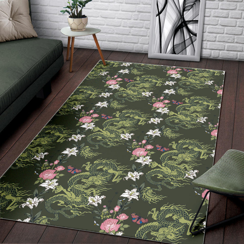 Green Dragon Rose Flower Pattern Area Rug
