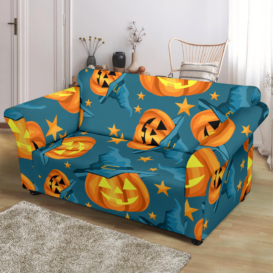 Halloween Pumpkin Witch Hat Pattern Loveseat Couch Slipcover