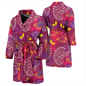 Pink Chameleon Lizard Butterfly Pattern Men Bathrobe