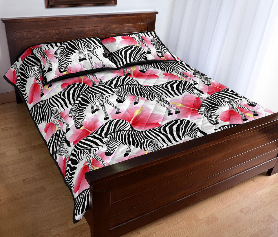 Zebra Red Hibiscus Pattern Quilt Bed Set