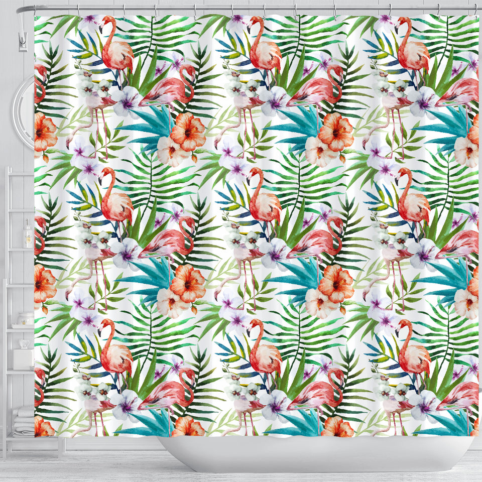 Flamingo Flower Leaves Pattern Shower Curtain Fulfilled In US
