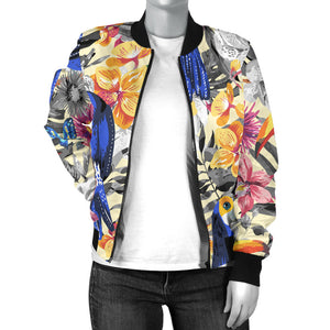 Toucan Leaves Flower Pattern Women Bomber Jacket
