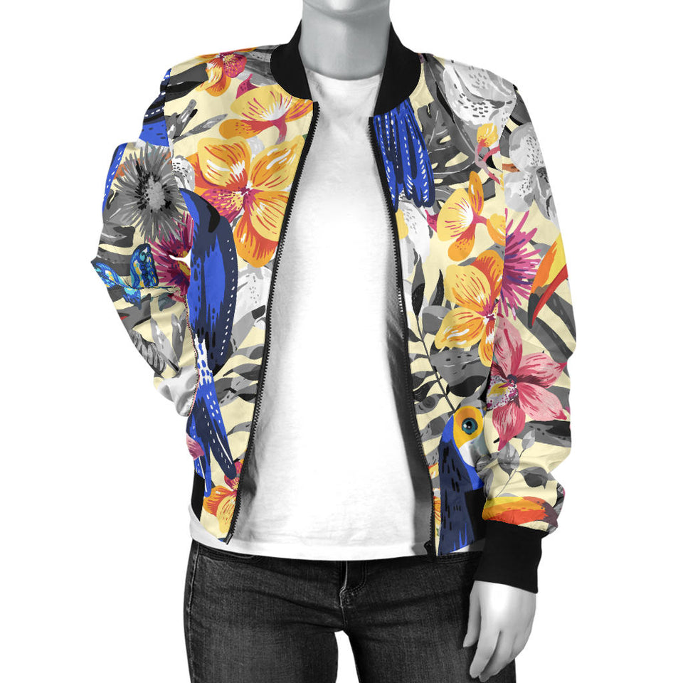Toucan Leaves Flower Pattern Women Bomber Jacket