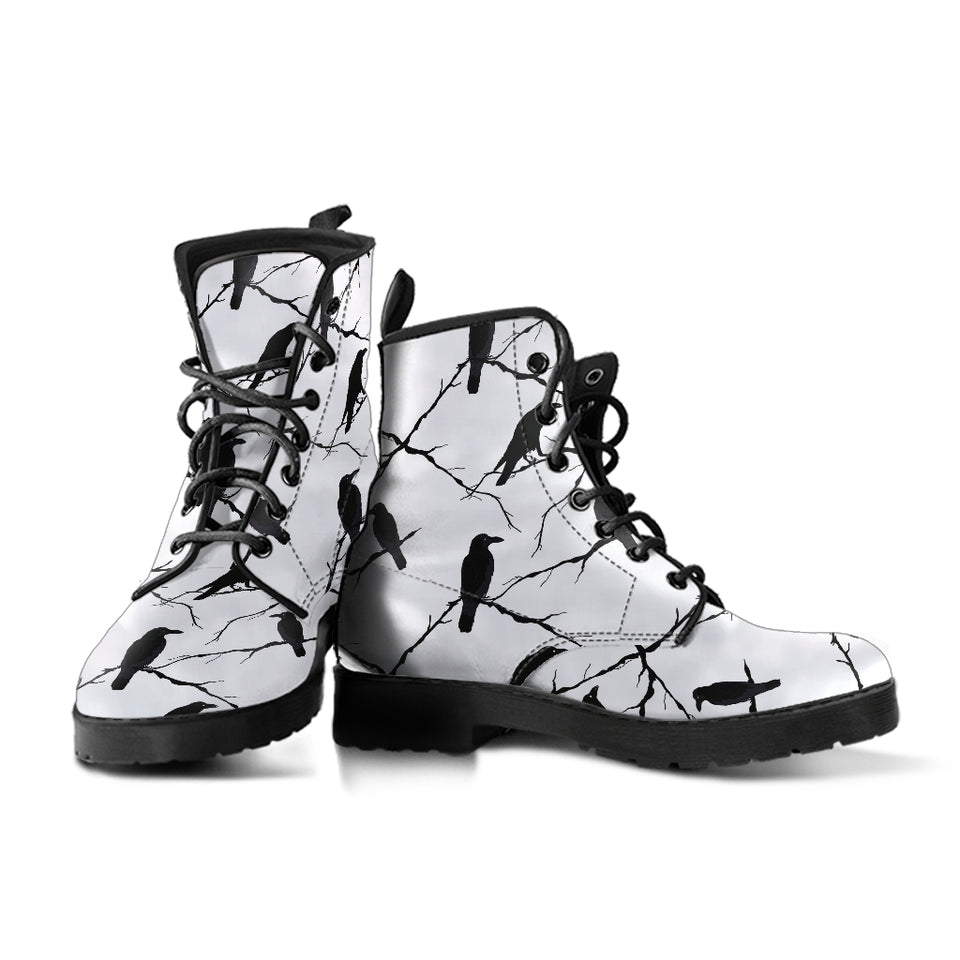 Crow Pattern Background Leather Boots