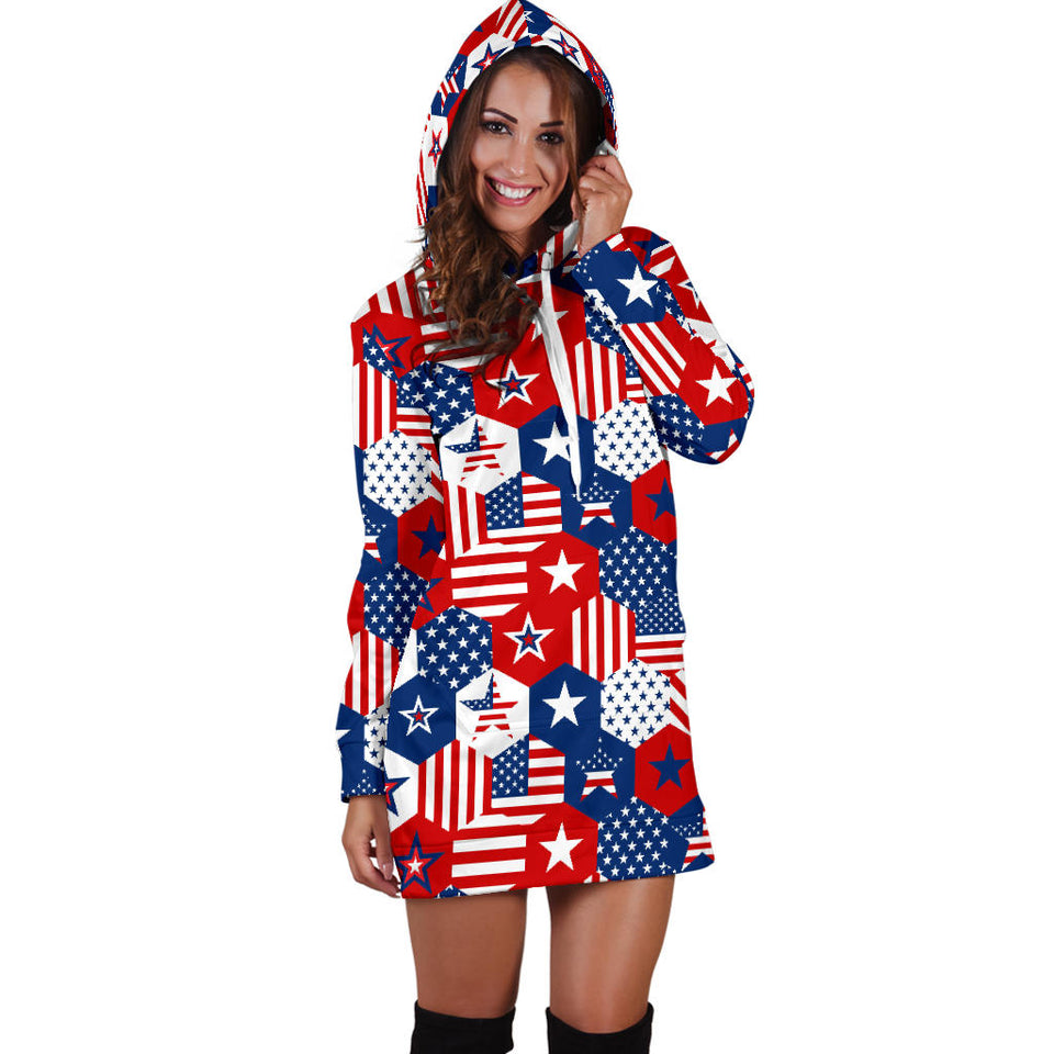 USA Star Hexagon Pattern Women Hoodie Dress