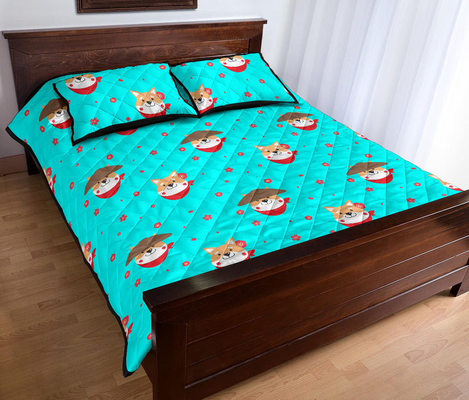 Shiba Inu Japanese Hat Pattern Quilt Bed Set