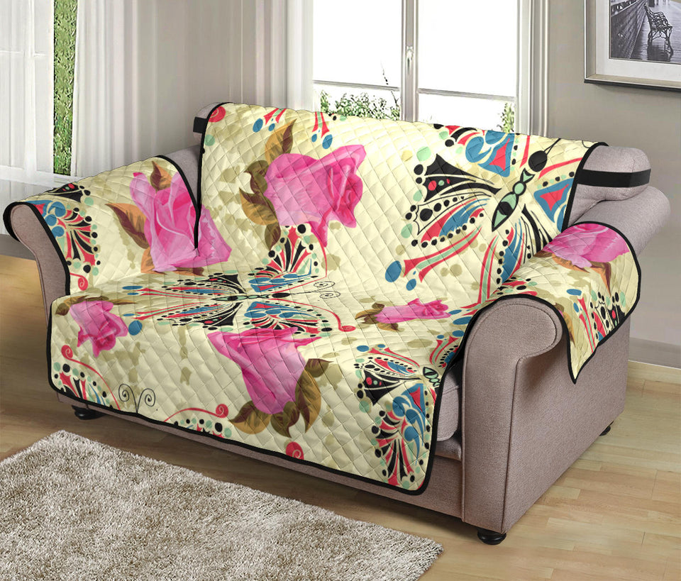 Butterfly Pink Rose Pattern Loveseat Couch Cover Protector