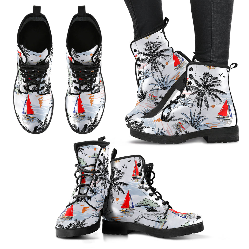 Sailboat Pattern Background Leather Boots