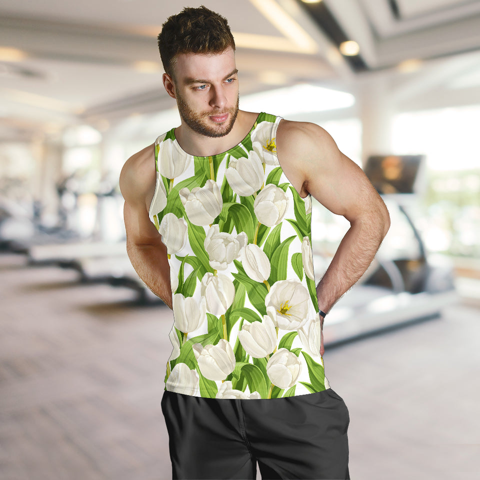 White Tulip Pattern Men Tank Top