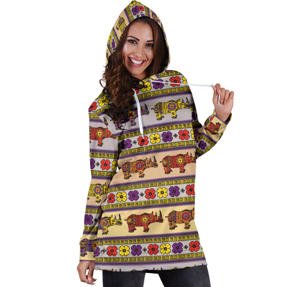 Rhino African Afro Dashiki Adinkra Kente Pattern Women Hoodie Dress