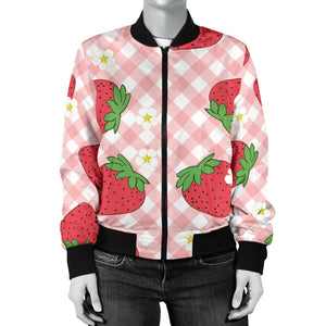 Strawberry Pattern Stripe Background Women Bomber Jacket