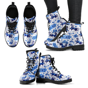 Horse Flower Blue Theme Pattern Leather Boots