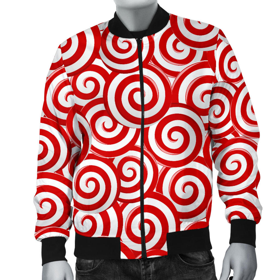 Red and White Candy Spiral Lollipops Pattern Men Bomber Jacket