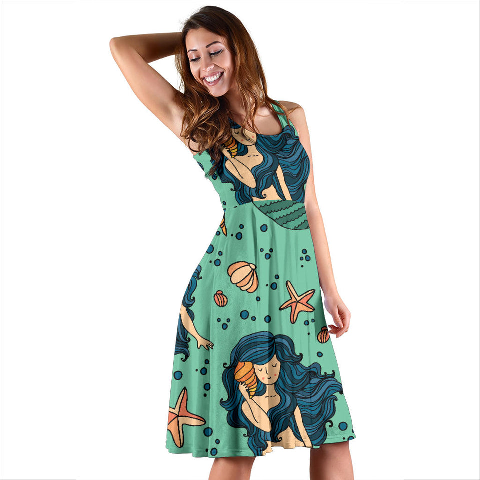 Mermaid Pattern Green Background Sleeveless Midi Dress