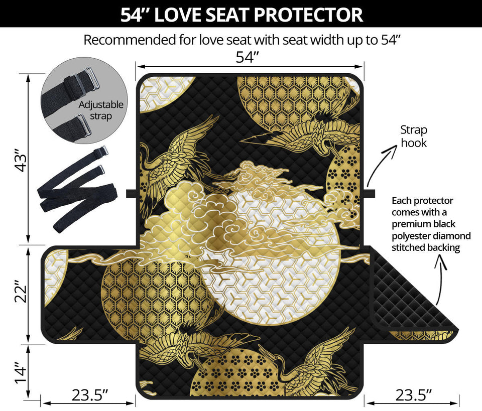 Gold Could Crane Japanese Pattern Loveseat Couch Cover Protector