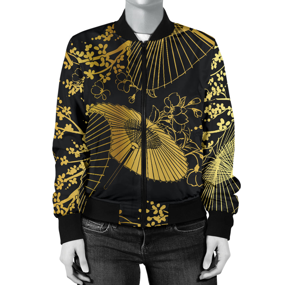 Gold Fan Flower Japanese Pattern Women Bomber Jacket