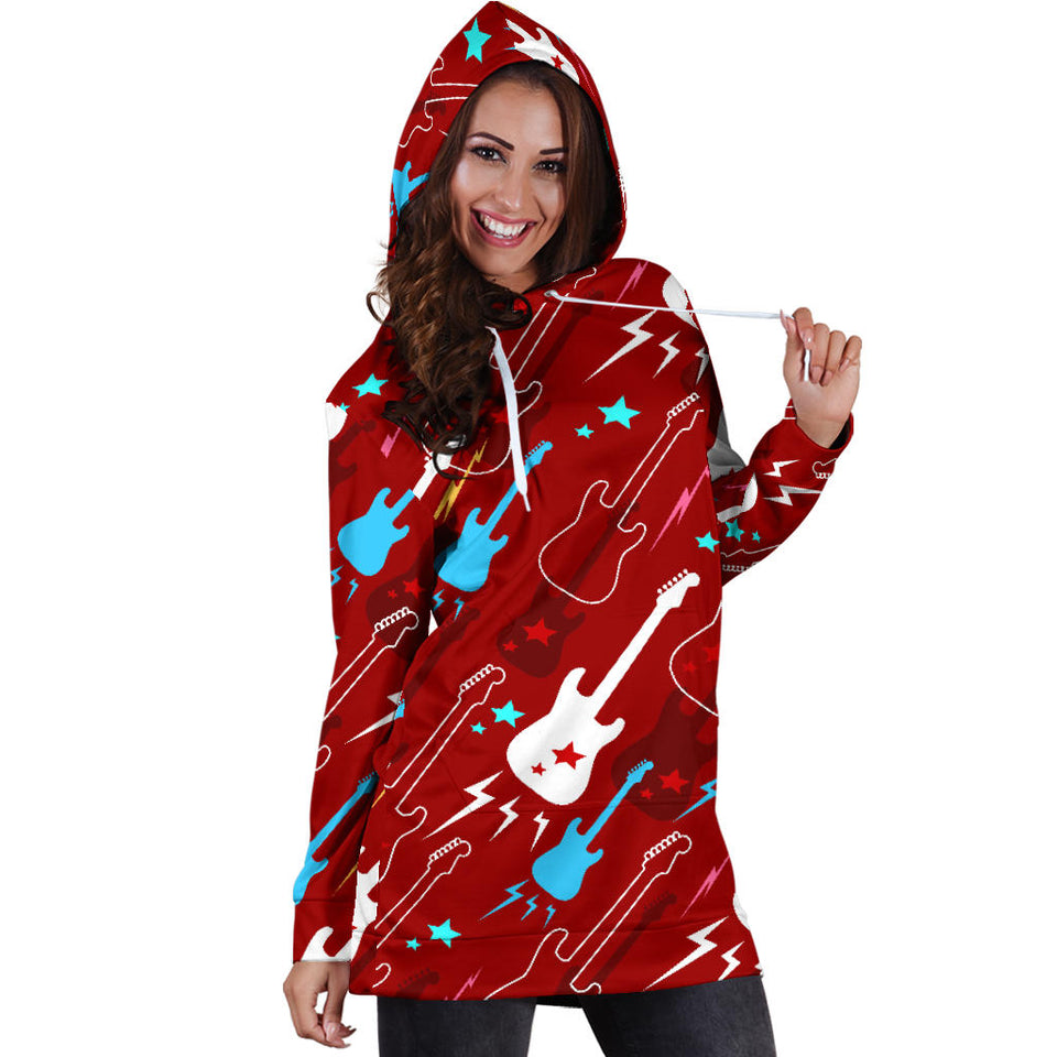 Electical Guitar Red Pattern Women Hoodie Dress