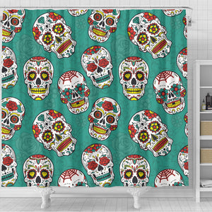 Suger Skull Pattern Green Background Shower Curtain Fulfilled In US