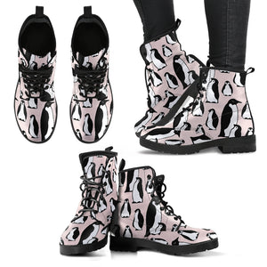 Penguin Pattern Background Leather Boots