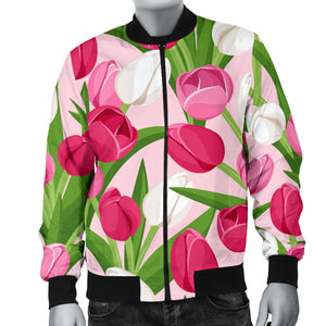 Pink White Tulip Pattern Men Bomber Jacket