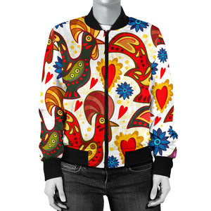 Colorful Rooster Chicken Guitar Pattern Women Bomber Jacket