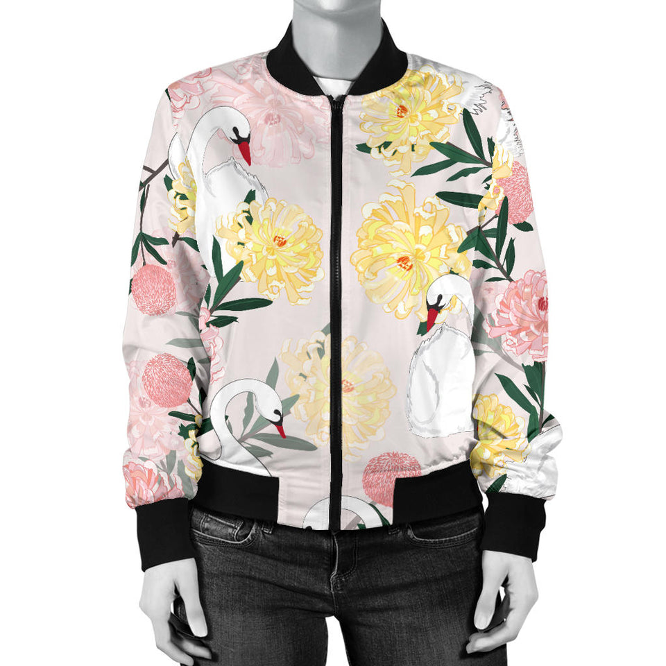 Swan Flower Pattern Women Bomber Jacket