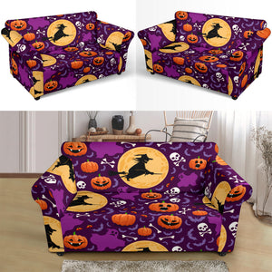 Halloween Pumpkin Witch Pattern Loveseat Couch Slipcover