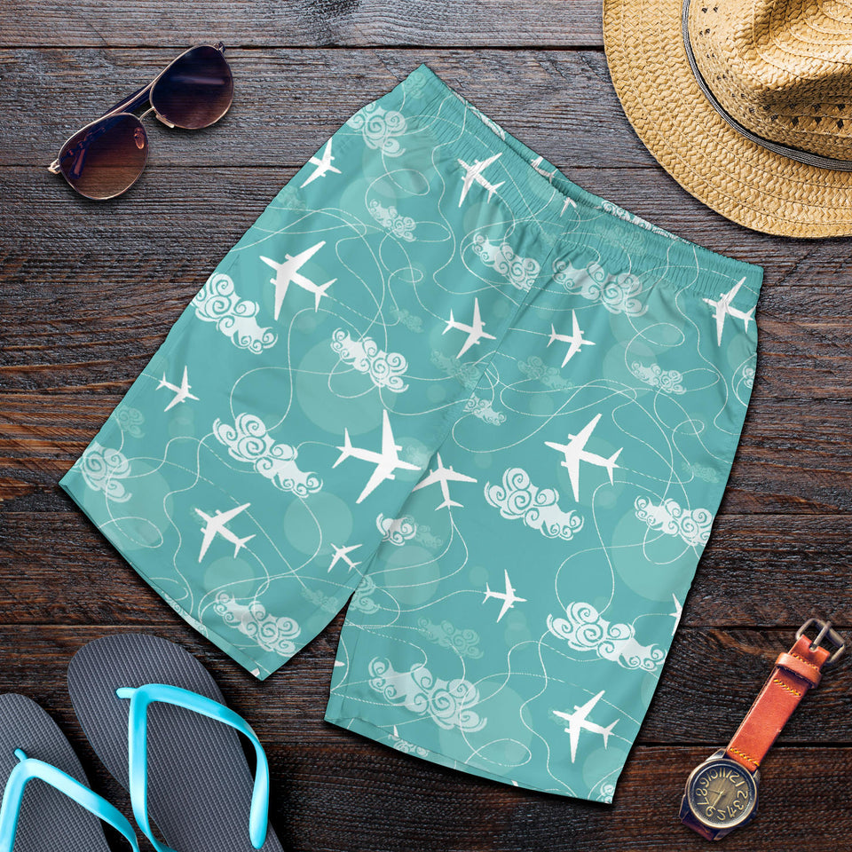 Airplane Cloud Pattern Green Background Men Shorts