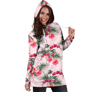 Red Pink Orchid Hibiscus Pattern Women Hoodie Dress